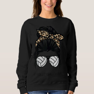 Volleyball Mum Leopard Ball Messy Hair Bun Mother' Sweatshirt