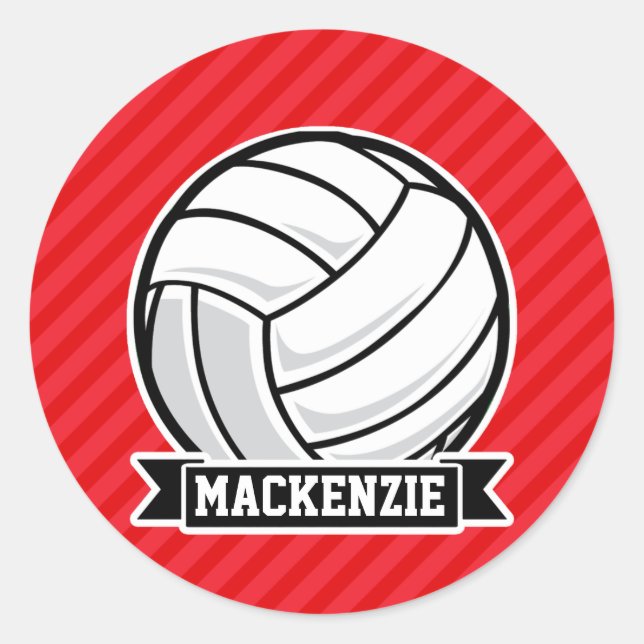 Volleyball on Red Diagonal Stripes Classic Round Sticker (Front)