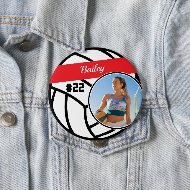 Volleyball Pin Name & Number Photo Red Button (In Situ)