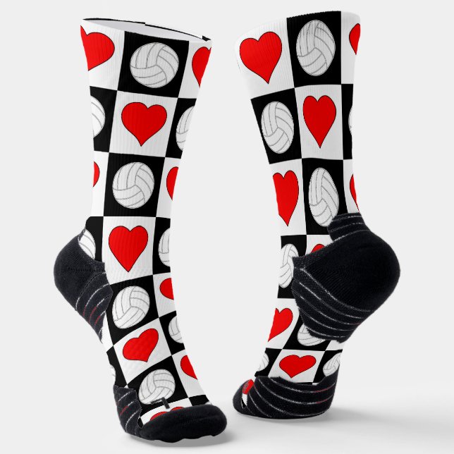 Volleyball Player Volleyballs and Hearts Pattern Socks (Angled)