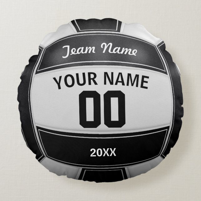 Volleyball Player's Name Year Team Black and White Round Cushion (Front)