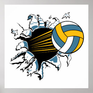 volleyball ripping through blue and gold poster