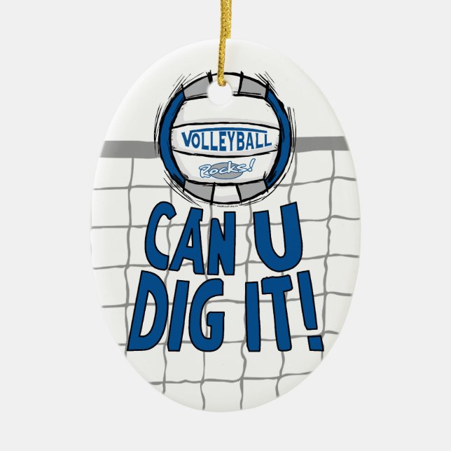 Volleyball Rocks Blue and Silver Ceramic Ornament (Front)