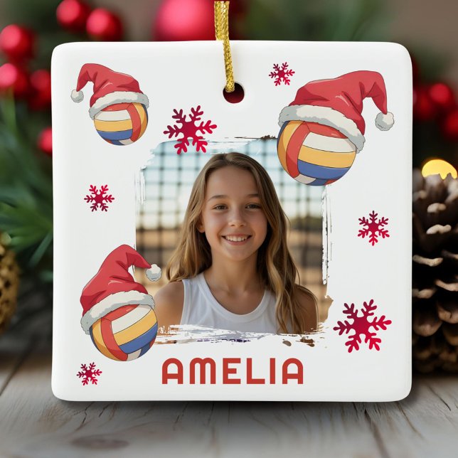 Volleyball Santa Hat Name Photo Christmas  Ceramic Ornament (Creator Uploaded)