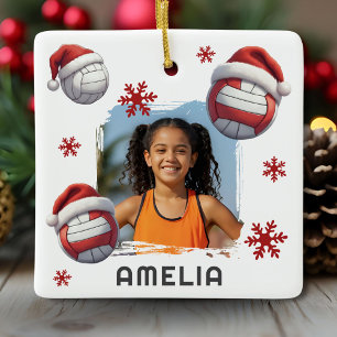 Volleyball Santa Hat Name Photo Christmas  Ceramic Ornament