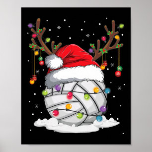 Volleyball Santa Hat Reindeer Christmas Lights Fun Poster