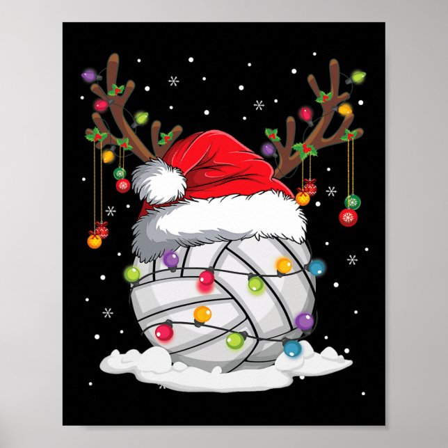 Volleyball Santa Hat Reindeer Christmas Lights Fun Poster (Front)