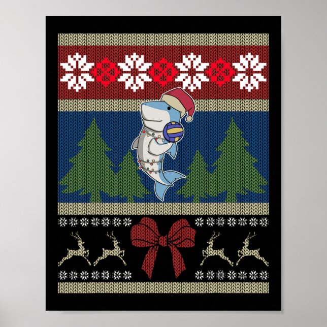 Volleyball Shark Ugly Sweater Christmas Lights San Poster (Front)
