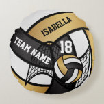 Volleyball 🏐 Sport- Gold, White & Black  Round Cushion<br><div class="desc">⭐⭐⭐⭐⭐ 5 Star Review. 🥇AN ORIGINAL COPYRIGHT ART DESIGN by Donna Siegrist ONLY AVAILABLE ON ZAZZLE!. Volleyball 🏐 Round Pillow. Featuring a Volleyball Sport design in a gold, white and black pattern and DIY name and number. Makes a great gift for any volleyball player or enthusiast. Can't find your colour(s)???...</div>