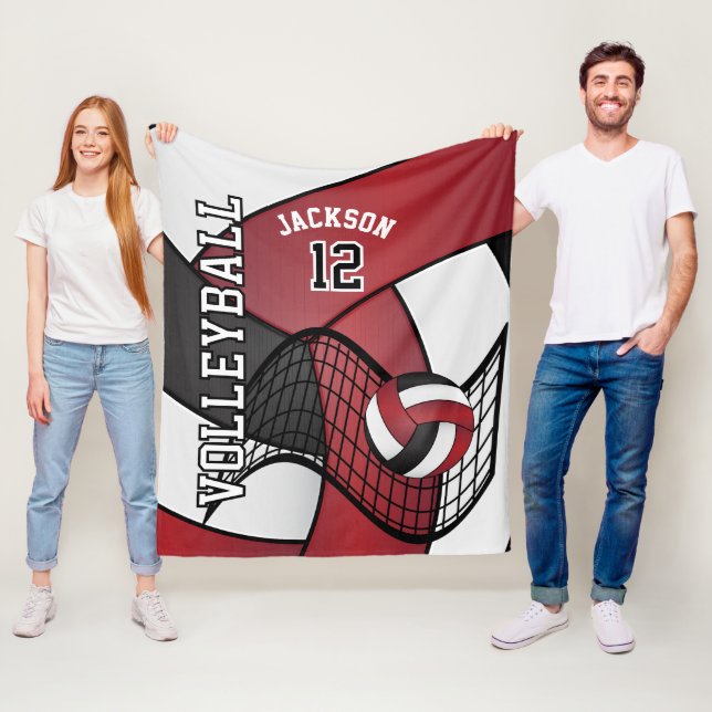 Volleyball 🏐 Sport in Maroon Red, White & Black Fleece Blanket (In Situ)