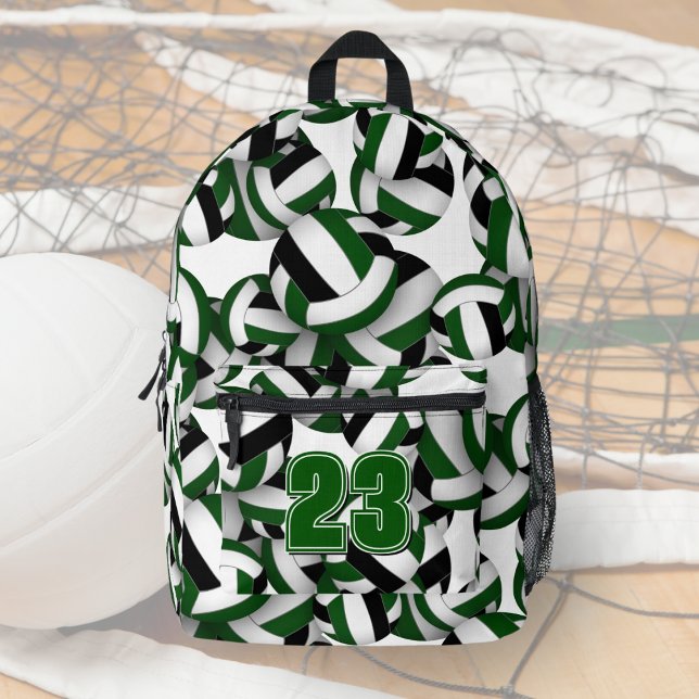volleyball sports pattern green black team colours printed backpack (Front view custom volleyball backpack w/ green/black volleyballs pattern, athlete jersey number)