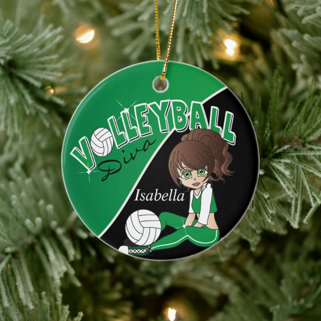 Volleyball Sporty Diva Girl in Dark Green Ceramic Ornament (Tree)