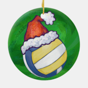 Volleyball with Christmas Hat Ceramic Ornament