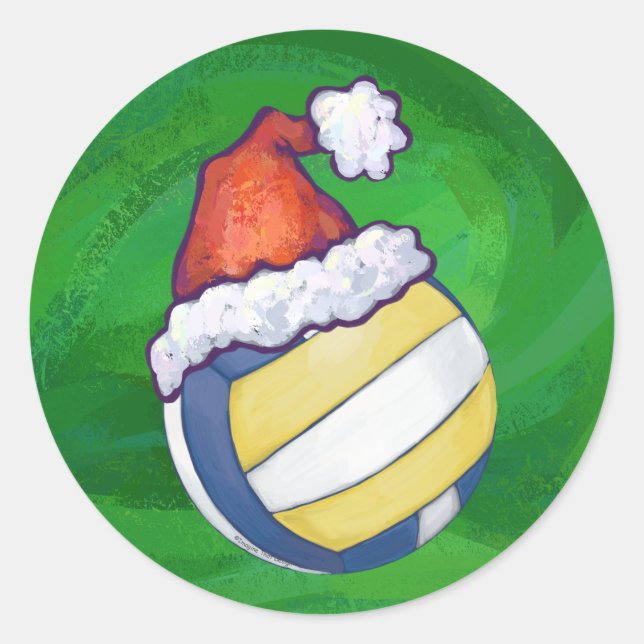 Volleyball with Christmas Hat Classic Round Sticker (Front)