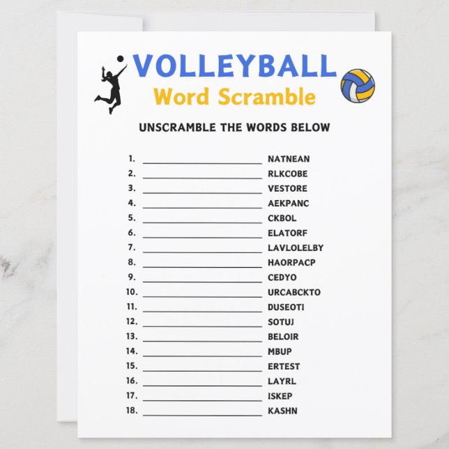 Volleyball Word Scramble Game (Front)