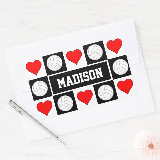Volleyballs & Hearts Custom Player Name Sports Rectangular Sticker (Envelope)