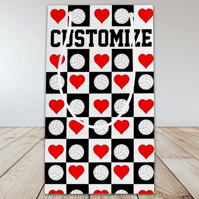 Volleyballs & Hearts Custom Player Name/Text Girls Small Gift Bag (Custom volleyball gift bag with personalized player name or text.)