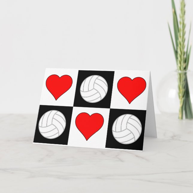 Volleyballs & Hearts Cute Checkered Greeting Card (Front)