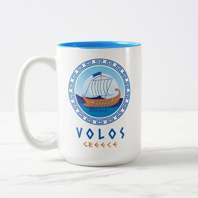 Volos, Greece Greek Ship Design Two-Tone Coffee Mug (Left)