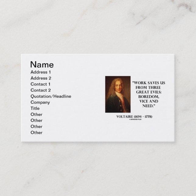 Voltaire Work Saves Us From Three Great Evils Business Card (Front)