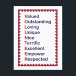 Volunteer Appreciation Thanks Hearts Red White Postcard<br><div class="desc">Positive words like valued,  outstanding and unique make up the words volunteer on this fun card.  The design is done in red,  white and blue and surrounded by a red heart border.</div>
