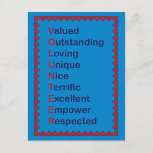 Volunteer Appreciation Words Red Hearts Blue Postcard