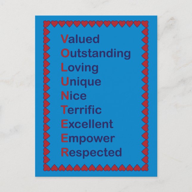 Volunteer Appreciation Words Red Hearts Blue Postcard (Front)