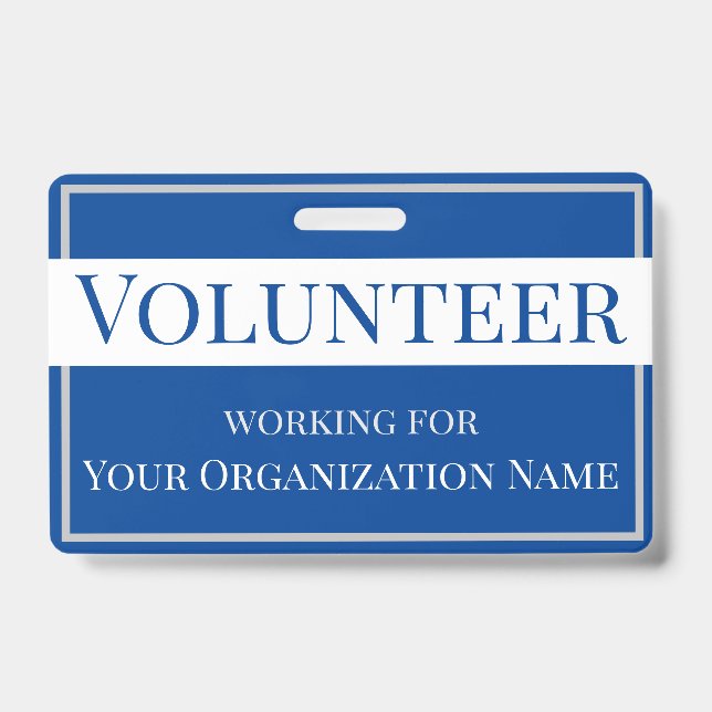 Volunteer Custom Organisation Name Blue and White ID Badge (Front)