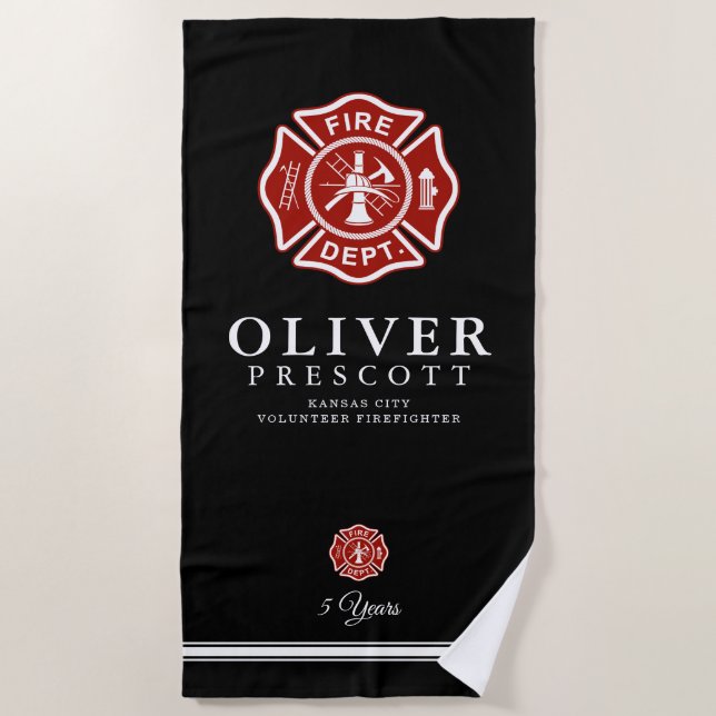 Volunteer Firefighter | Maltese Cross Symbol Black Beach Towel (Front)