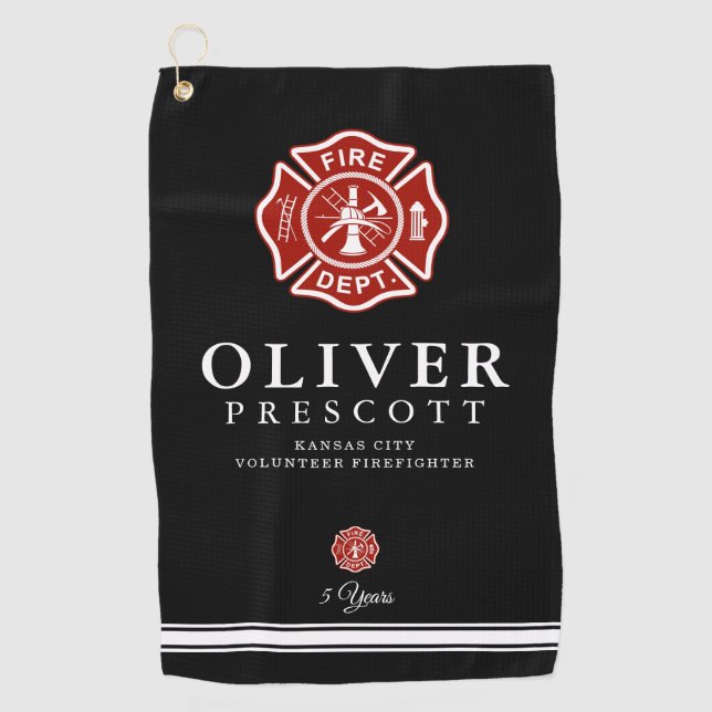 Volunteer Firefighter | Maltese Cross Symbol Black Golf Towel (Front)