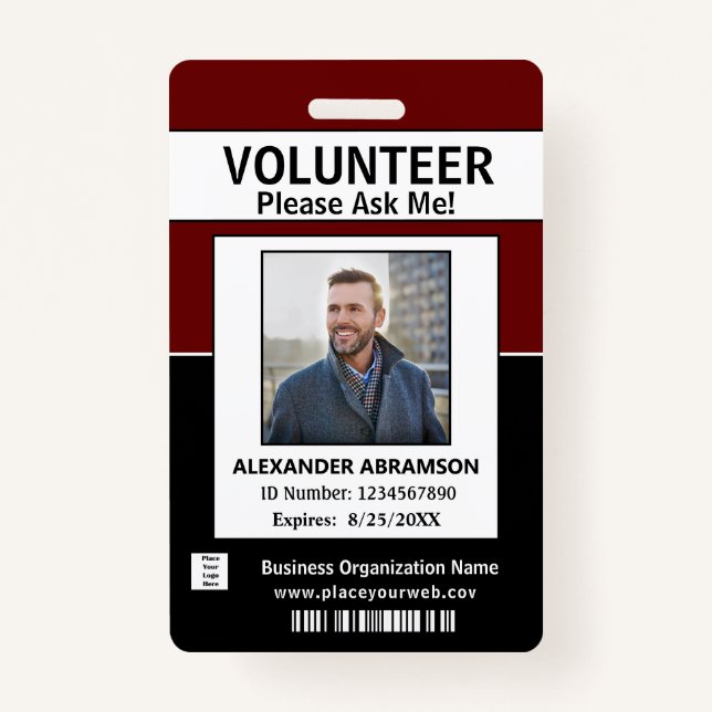 Volunteer ID Card Modern Ask Me Logo Custom Badge ID Badge (Front)