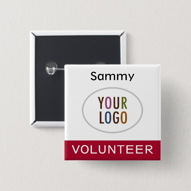 Volunteer Pinback Badge with Logo Dark Red Square (Front & Back)