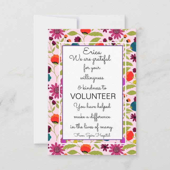 Volunteer Thank You Card Floral Appreciation Gift (Front)