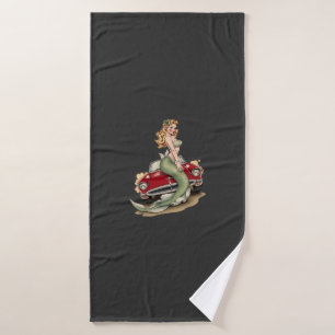 Voluptuous Blonde Mermaid on Red Vintage Car – Fan Bath Towel