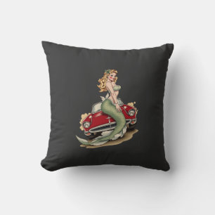 Voluptuous Blonde Mermaid on Red Vintage Car – Fan Cushion