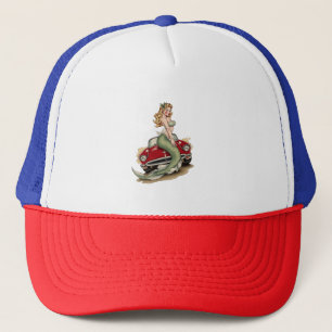 Voluptuous Blonde Mermaid on Red Vintage Car – Fan Trucker Hat