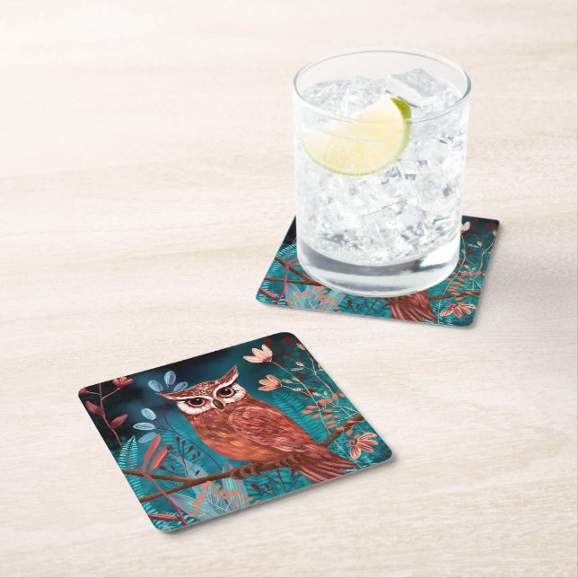 Vom Künstler handillustrierte Eule – Boho Natur Square Paper Coaster (Insitu)