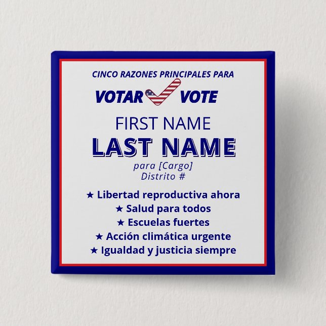 VOTAR VOTE Spanish Bilingual Political Campaign 15 Cm Square Badge (Front)