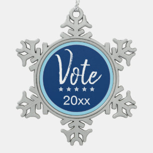 Vote 2024 Election Five Stars Blue Non-Partisan Snowflake Pewter Christmas Ornament