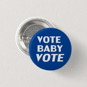 Vote baby vote blue and white modern typography 3 cm round badge