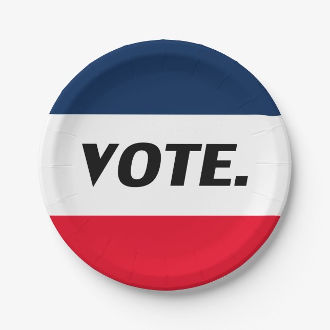 "Vote" black letters, red blue white party Paper Plate (Front)