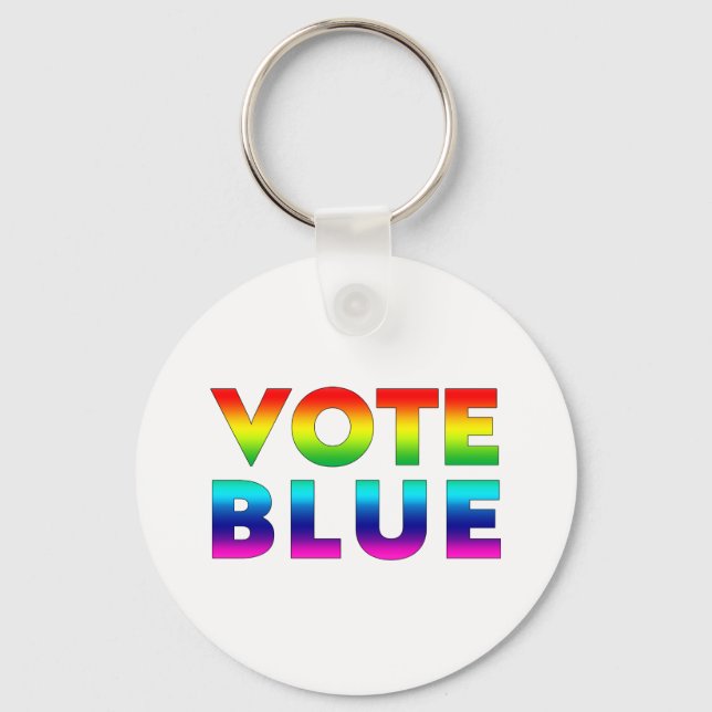 "vote blue" blue, pride lgbtq, lgbt rainbow, white key ring (Front)
