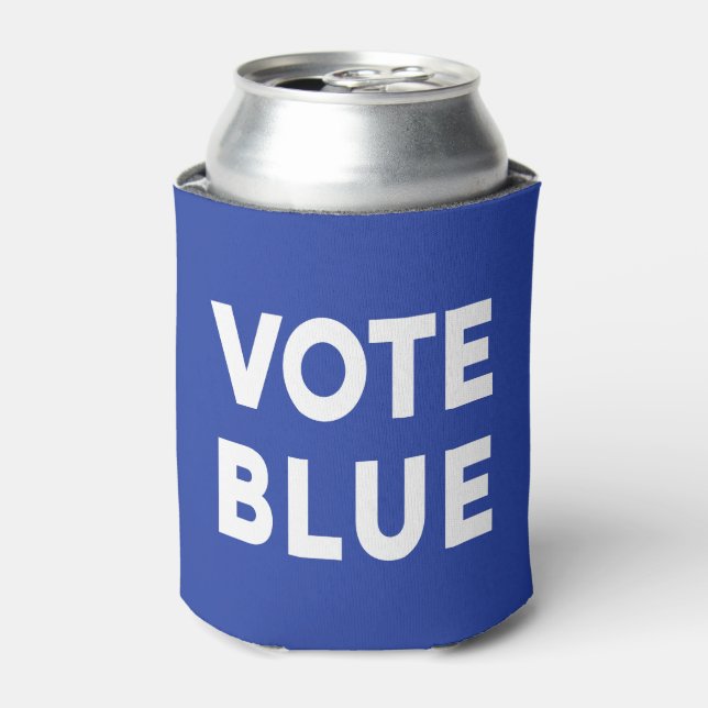 Vote Blue bold white text on blue political Can Cooler (Can Front)