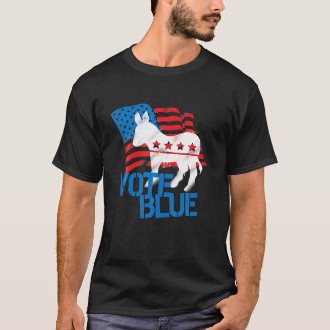 Vote Blue Democrat Donkey American Flag T Shirt (Front)
