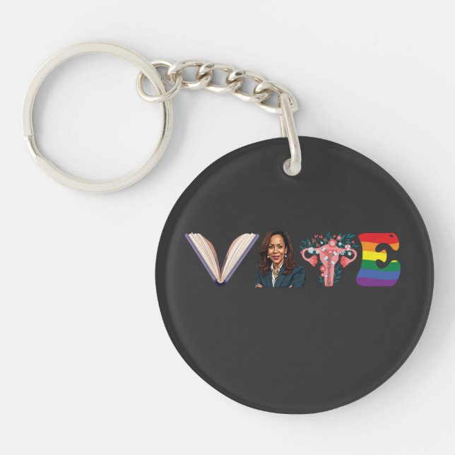 VOTE Books Uterus LGBT Kamala Harris Walz Election Key Ring (Front)