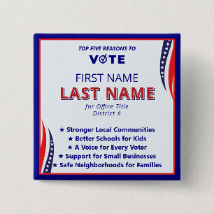 Vote Candidate Name 2026 Simple American Platform 15 Cm Square Badge