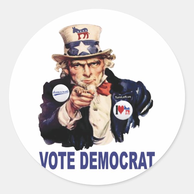 VOTE DEMOCRAT CLASSIC ROUND STICKER (Front)