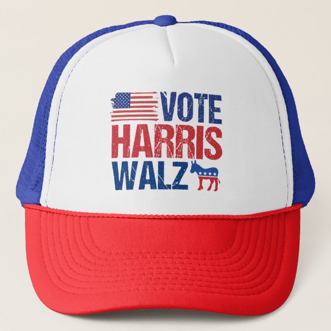 Vote Harris Walz Democrat Donkey American Flag Trucker Hat (Front)