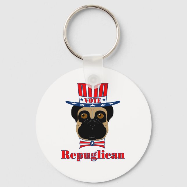 Vote rePUGlican Funny Pug in Red White Blue Hat Key Ring (Front)