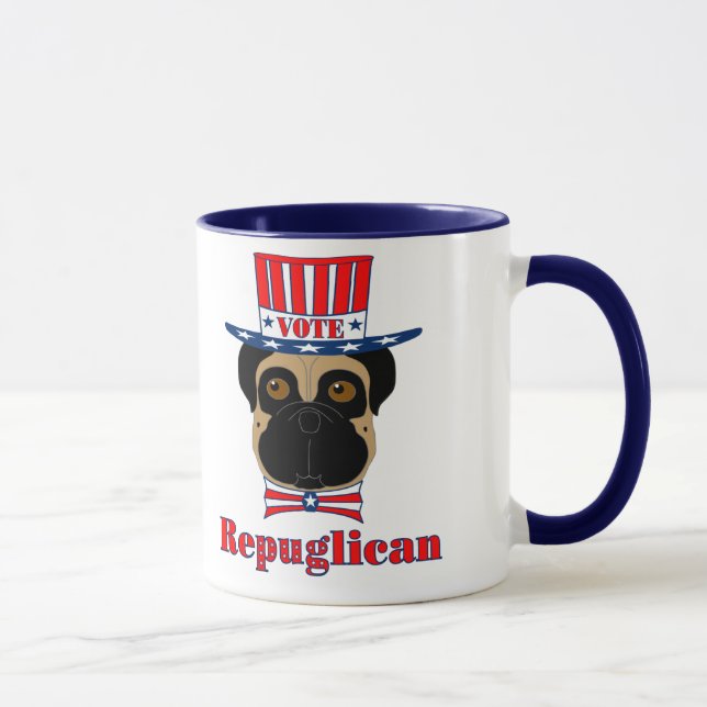 Vote rePUGlican Funny Pug in Red White Blue Hat Mug (Right)
